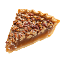 Delicious slice of pecan pie with golden crust and rich filling, perfect dessert for any occasion. png