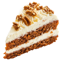 Delicious slice of carrot cake topped with creamy frosting and pecans, isolated on a white background. png