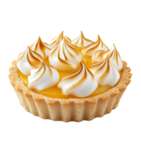 Delicious lemon meringue tart with golden swirls and crispy crust, perfect for dessert lovers. png