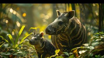 a couple of zebra standing next to each other in a forest photo