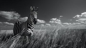 a black and white photo of a zebra in a field