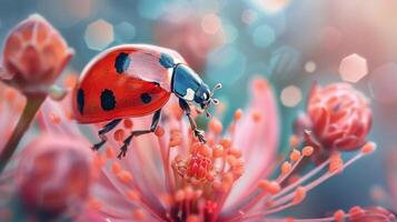a lady bug sitting on top of a pink flower photo