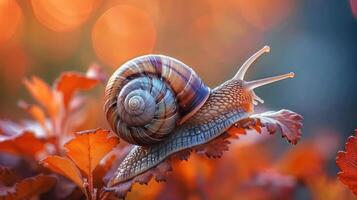 a close up of a snail on a leaf photo