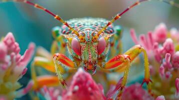 a close up of a colorful insect on a flower photo