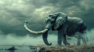 a large elephant standing on top of a dry grass field photo