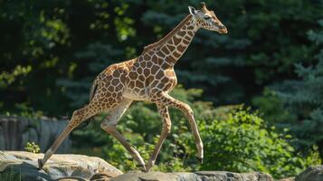 a giraffe is running on some rocks photo
