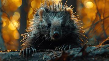 a porcupine sitting on a log in a forest photo