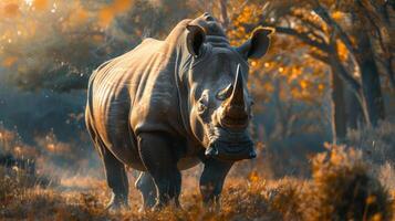 a rhinoceros standing in a field with trees in the background photo