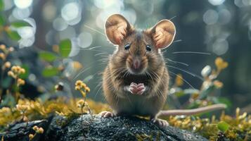 a mouse sitting on top of a rock in a forest photo