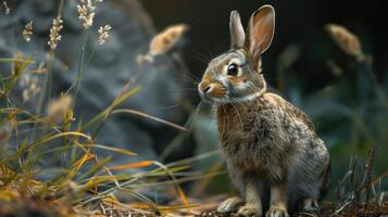 a rabbit is sitting in a field of grass photo