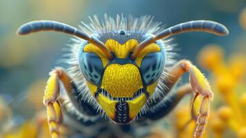 a close up of a bug with a yellow and blue face photo