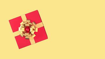 Top view of red gift box with gold ribbon and bow isolated on yellow background and copy space. Giving present, happy new year, christmas, valentine's day, birthday, shopping, concept. 3d render. photo