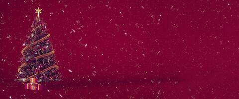 Christmas tree decorated with gift boxes and ornaments on burgundy backdrop with snowfall and copy space. Snowy Christmas background concept with presents for header or banner design 3d rendering. photo