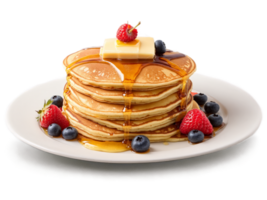 Pancakes Fluffy buttermilk pancakes stacked high and served with warm maple syrup butter and fresh png