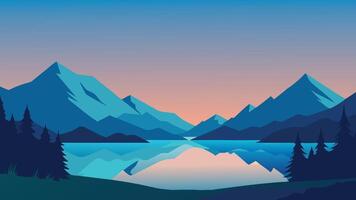 lake nestled among majestic mountains, with soft clouds drifting above, creating a tranquil natural landscape flat illustration vector