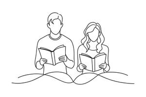 man and woman reading books continuous line art flat illustration on white background vector