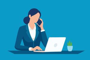 Woman multitasking Using a laptop and phone call isolated flat illustration. vector