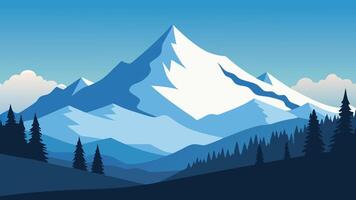 snowy landscape featuring trees in the foreground and majestic mountains in the background under a clear sky flat illustration vector