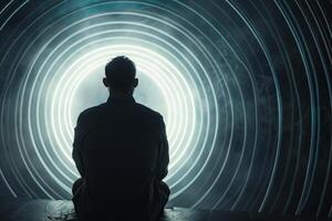 Man sitting in front of glowing circles of light and smoke photo