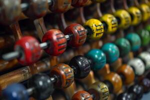 Old wooden abacus showing colorful number beads for calculation photo