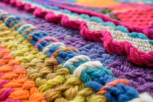 Colorful knitted wool fabric with thick yarn creating abstract pattern photo