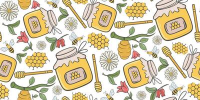 Colorful honey seamless pattern with hand drawn elements vector