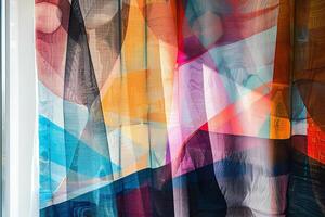 Modern abstract colorful fabric drapes hanging in front of window photo