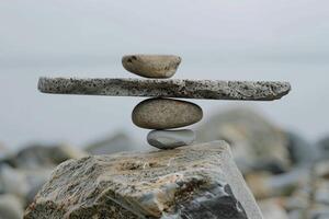 Balancing rocks forming a zen like sculpture by the water photo