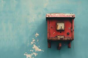 Old red electrical box hanging on a flaking light blue wall photo