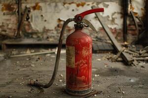 Old red fire extinguisher standing on dirty ground in a demolished building photo