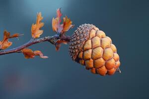 Acorn hanging from branch with dried oak leaves in autumn photo