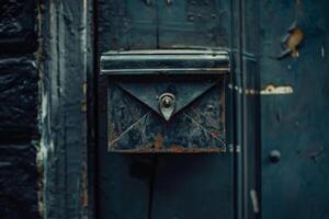 Old rusty mailbox hanging on a blue door representing traditional communication photo