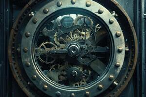 Complex clockwork mechanism turning with interlocking gears photo