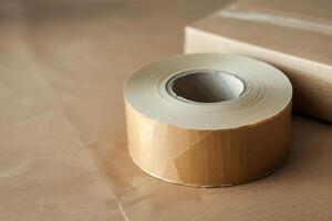 Roll of packing tape sitting on paper with box in background photo