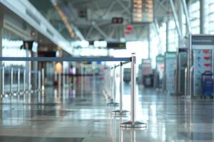 Empty airport terminal with check in counters and security check point in the background photo