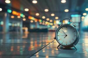 Alarm clock ticking away time in busy airport terminal photo