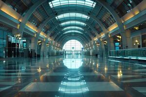 Empty modern airport terminal reflecting on shiny floor photo
