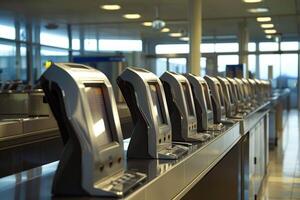 Row of empty check in counters with computers in airport terminal photo