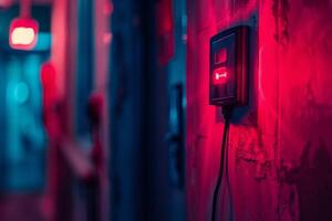 Red emergency button flashing in a dark corridor photo