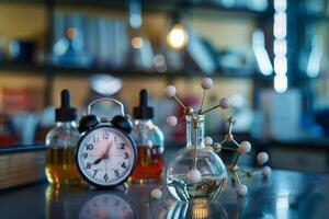 Clock is ticking in a science laboratory with chemical flasks and molecules model photo