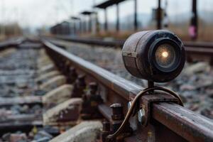 Old rusty train track signal light showing yellow light photo