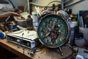 Old broken alarm clock showing its cogs is standing on a workbench photo