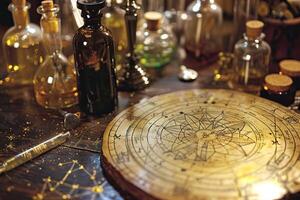 Alchemist preparing a potion using an astrology chart and mysterious ingredients photo