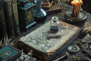 Open grimoire lying on a table with magic potion and candle burning photo