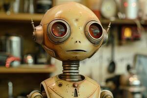 Vintage toy robot looking up with big eyes and curious expression photo