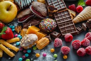 Variety of sweets and chocolate bars lying on dark table photo