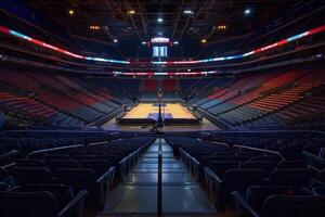 Empty basketball arena with bright lights illuminating the court photo