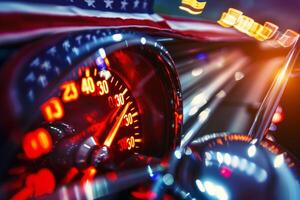 Speedometer showing increasing speed with american flag in background photo