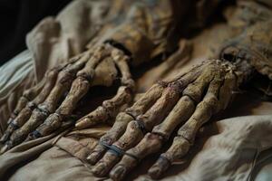 Skeleton hands resting on burial cloth inside tomb photo