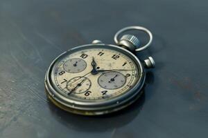 Vintage analog stopwatch resting on reflective surface photo